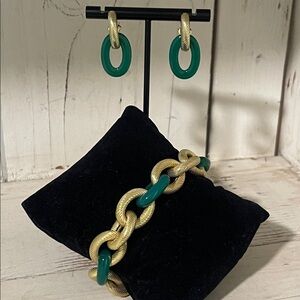 Judith Ripka Sterling Silver Gold Clad Chrysoprase Bracelet and Earrings Set.